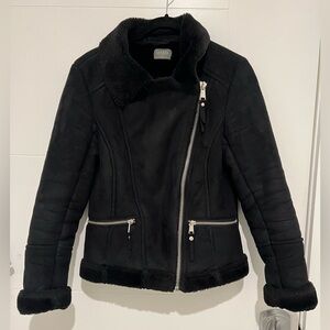 Oasis Black Faux-Suede Shearling Moto Jacket with Silver Zippers